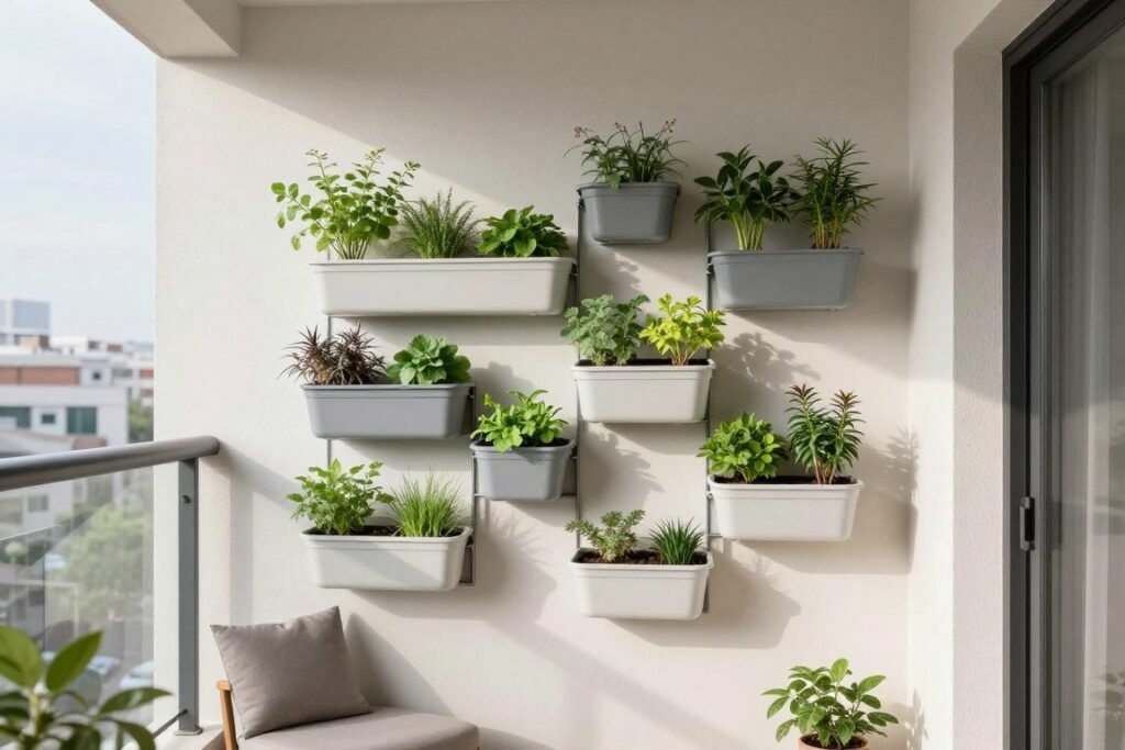 Modern apartment balcony with modular wall-mounted planter system featuring herbs and small plants