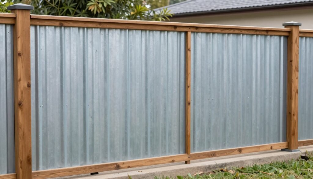 Modern corrugated metal privacy fence with wooden frame creating an industrial-chic look