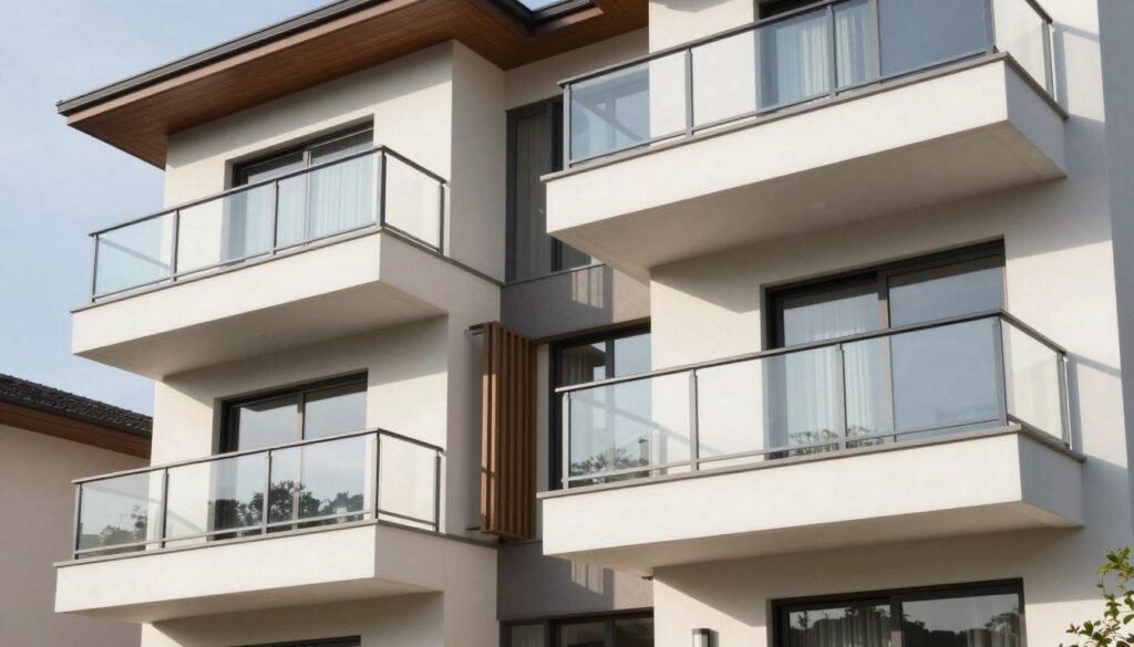 Modern home with multiple balcony railing design styles