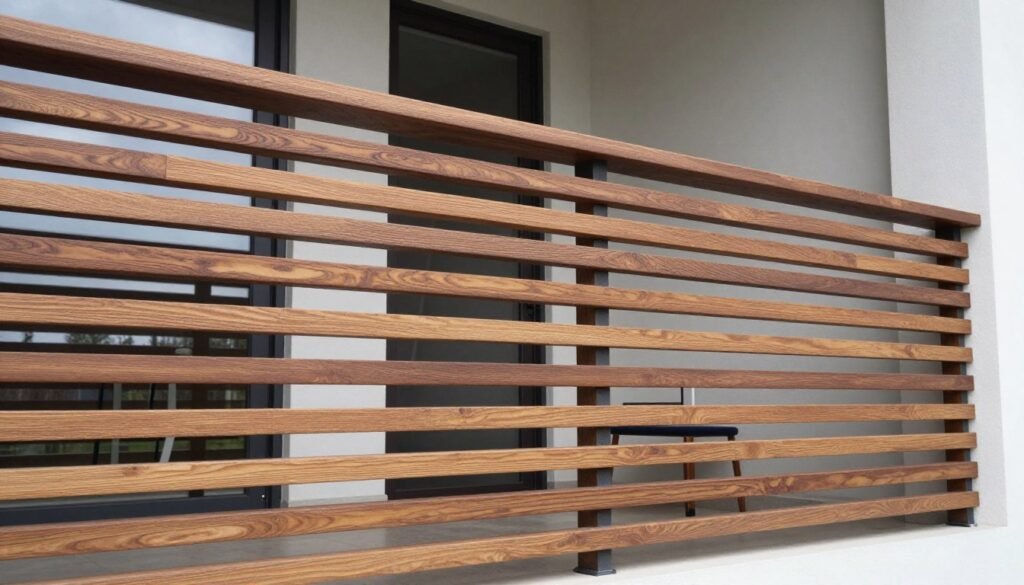 Modern horizontal wooden slat balcony railing design