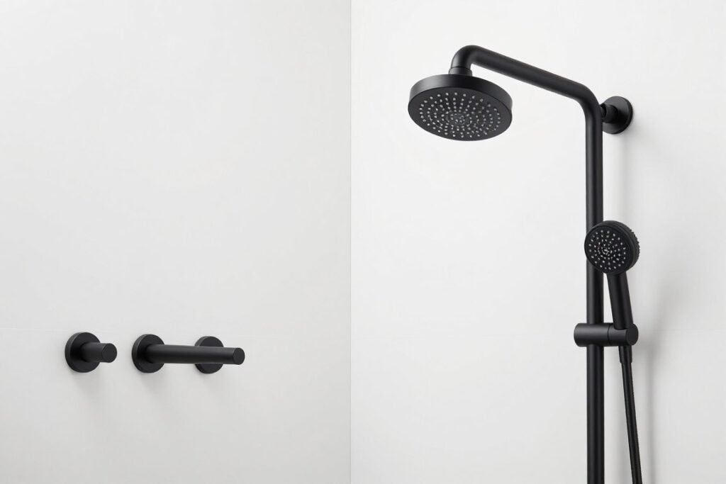 Modern matte black bathroom fixtures including faucet and shower head