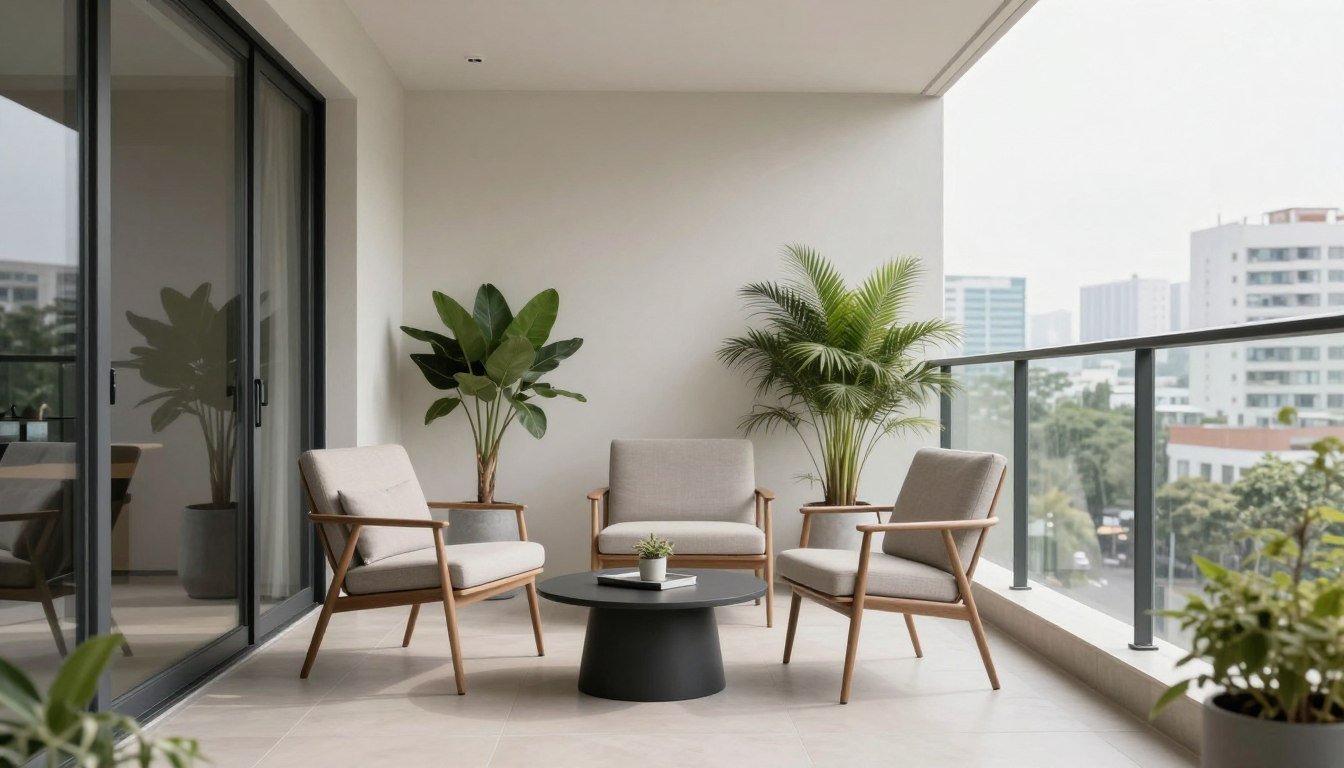 Modern minimalist balcony design with clean lines and neutral colors