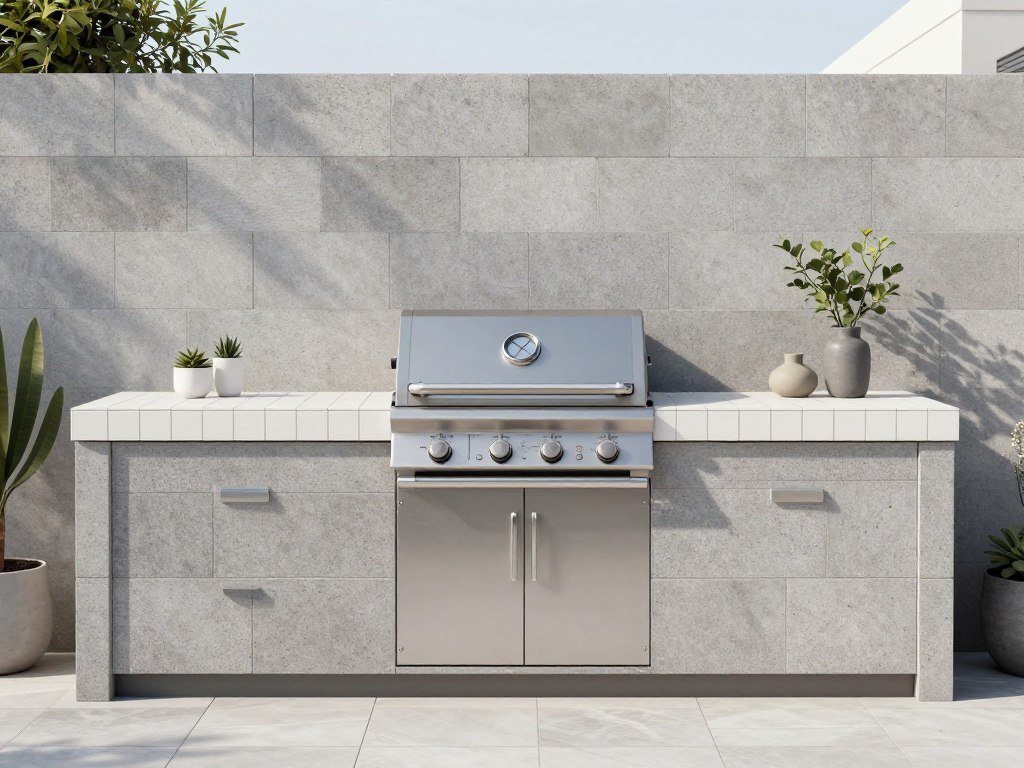 Modern minimalist outdoor kitchen with cinder block base and tiled countertop