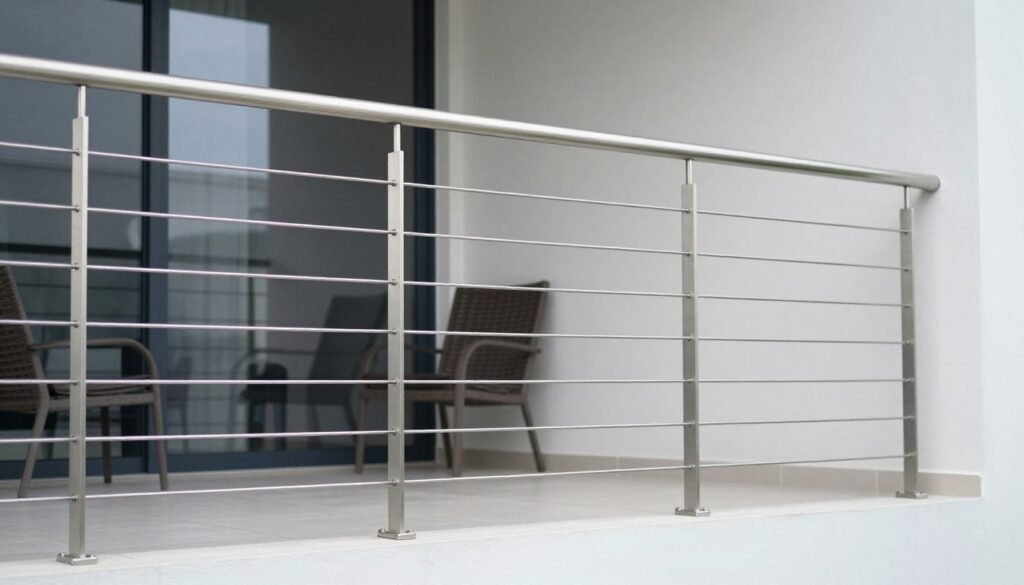 Modern stainless steel cable railing design on contemporary balcony