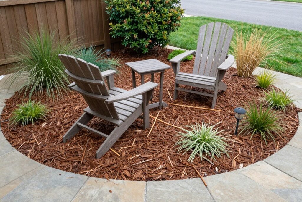 Mulch patio area with simple seating in a small backyard