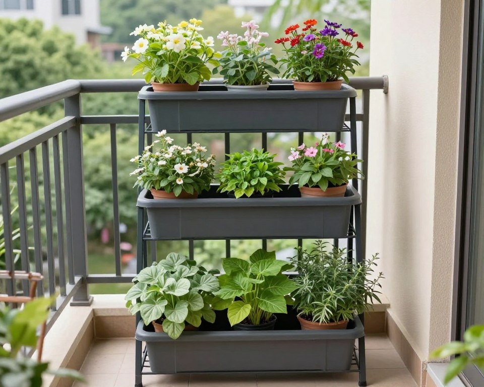 Multi-tiered planter stand on a balcony with various plants arranged at different heights