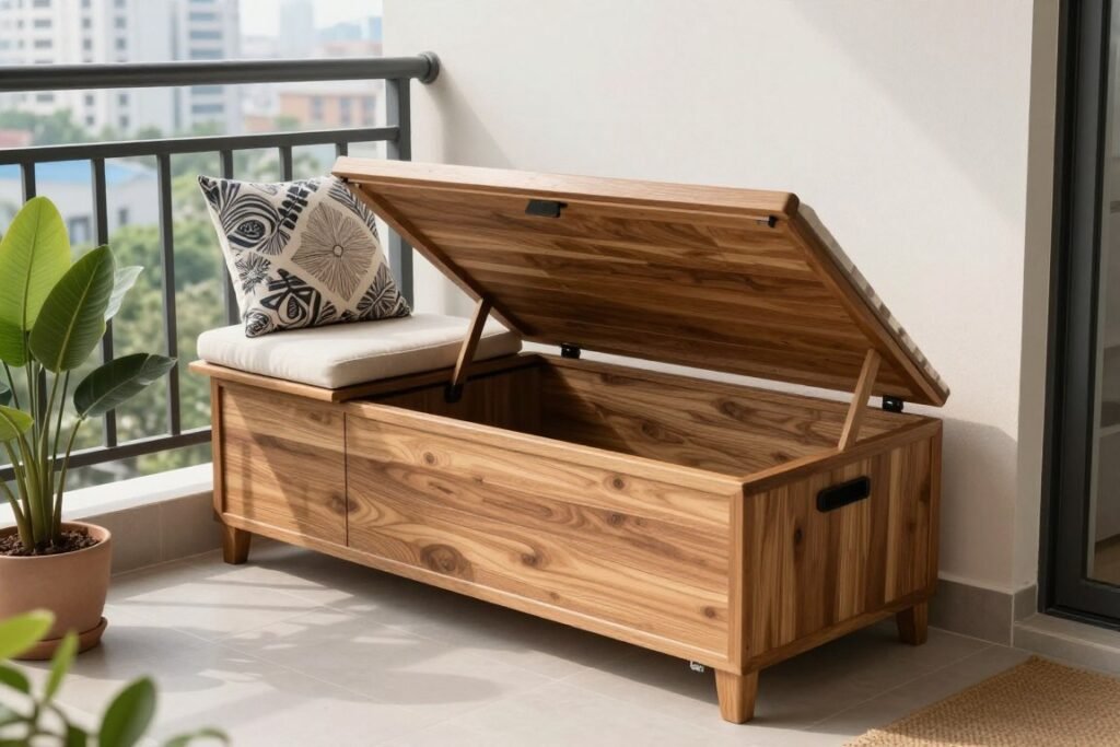 Multifunctional storage bench on a small balcony