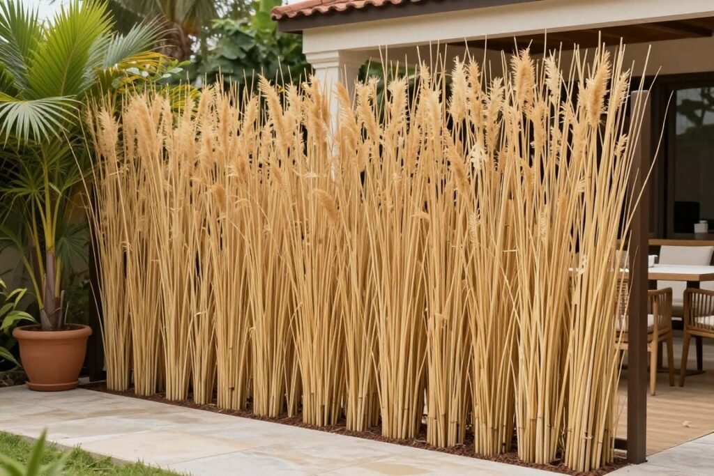 Natural reed privacy fence creating a tropical atmosphere in a backyard