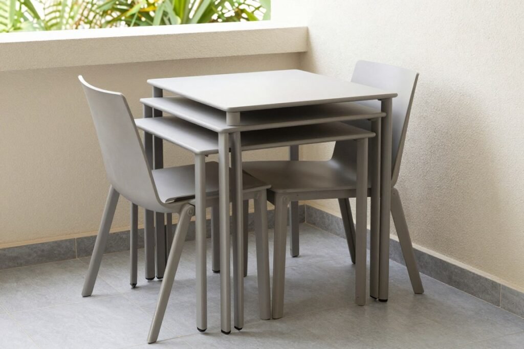 Nesting tables and stackable chairs on small balcony Nesting tables and stackable chairs on small balcony