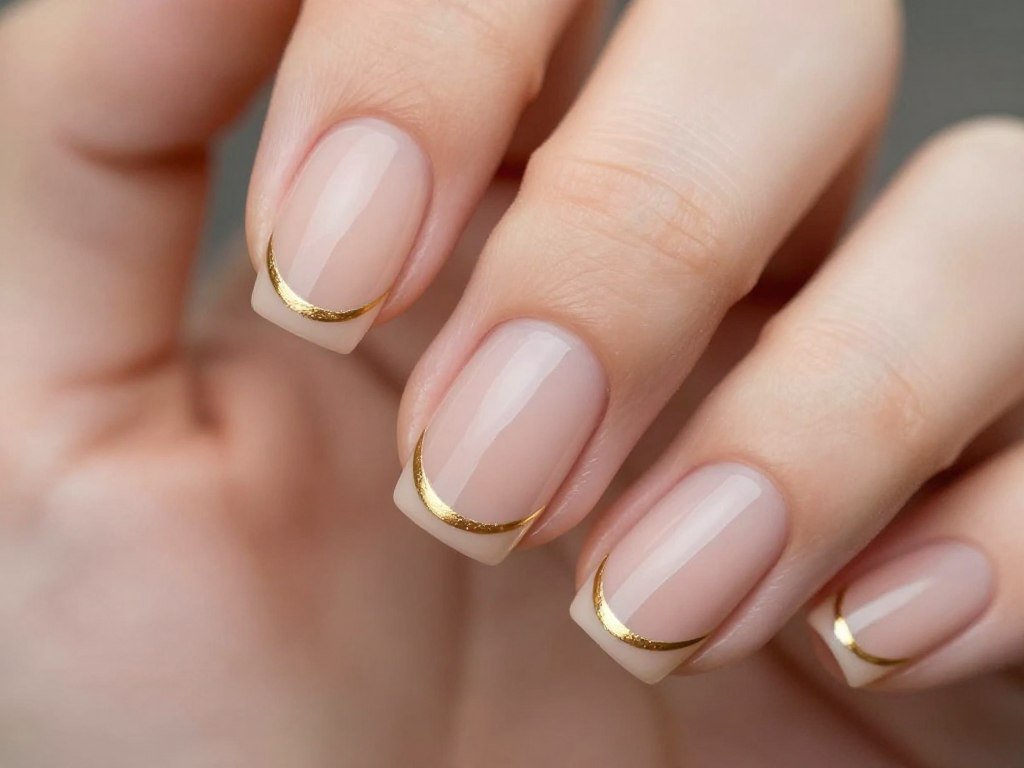 Nude manicure with thin gold striping detail