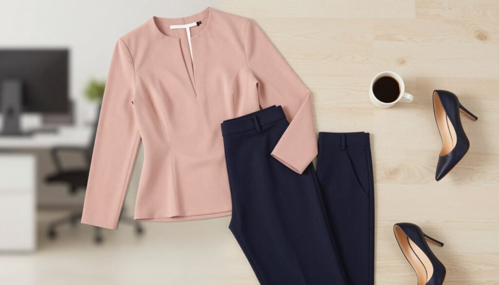 Office-appropriate outfit with structured babydoll top and tailored pants