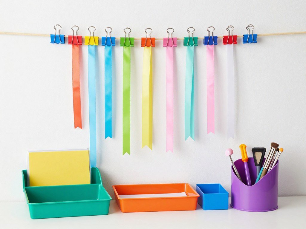 Office supplies repurposed for craft organization - binder clips holding ribbons and letter trays storing papers
