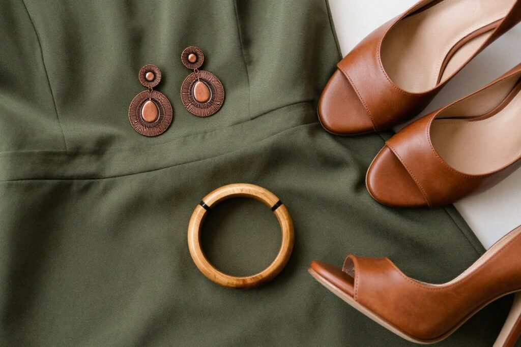 Olive green dress fabric with bronze and wood accessories