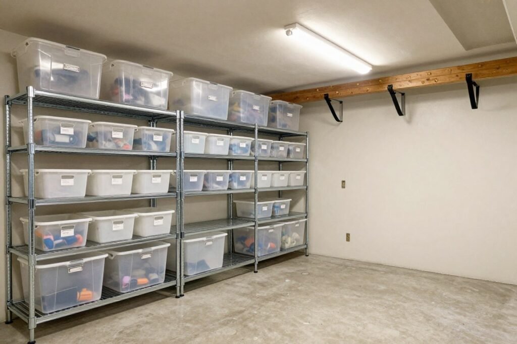 Organized unfinished basement with efficient storage solutions including shelving and ceiling storage
