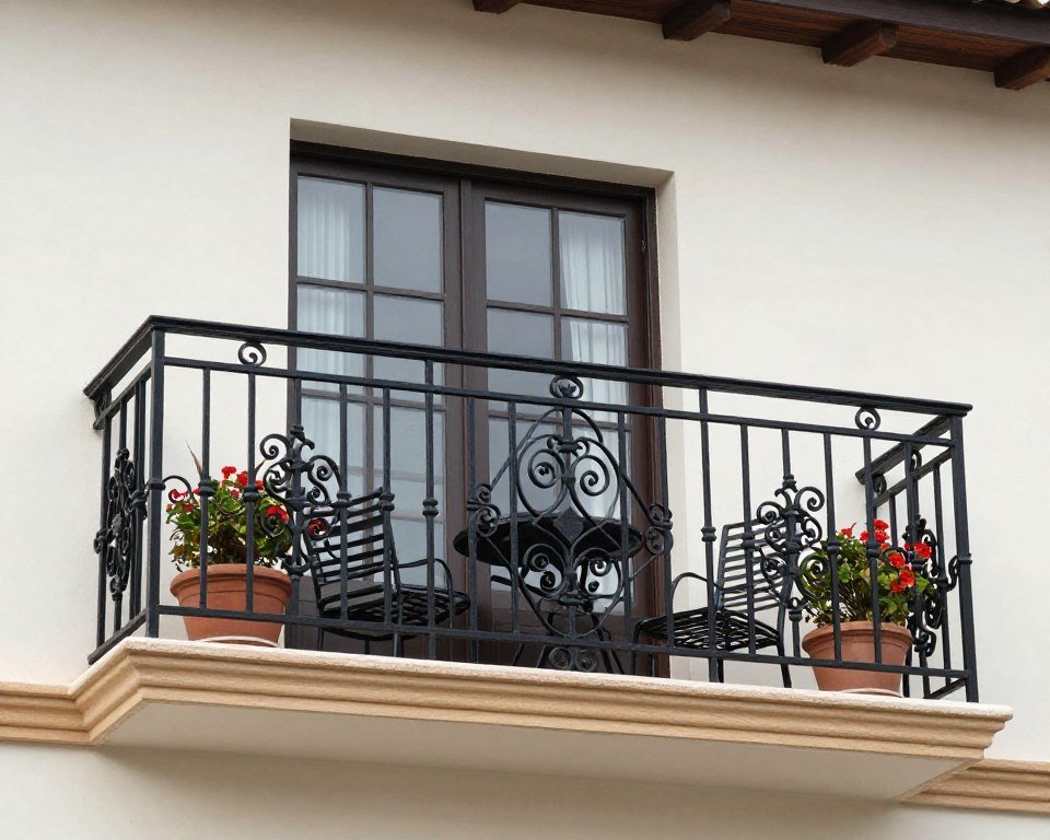 Ornate wrought iron balcony railing design on traditional home