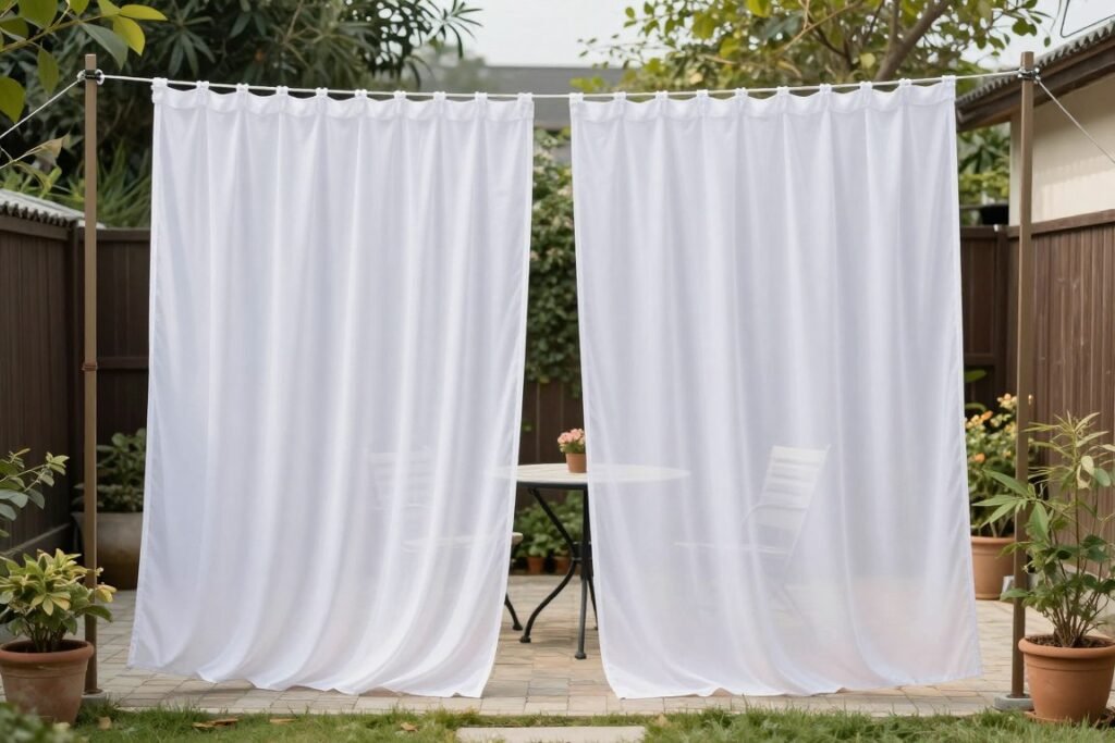 Outdoor curtains creating privacy for a small backyard seating area