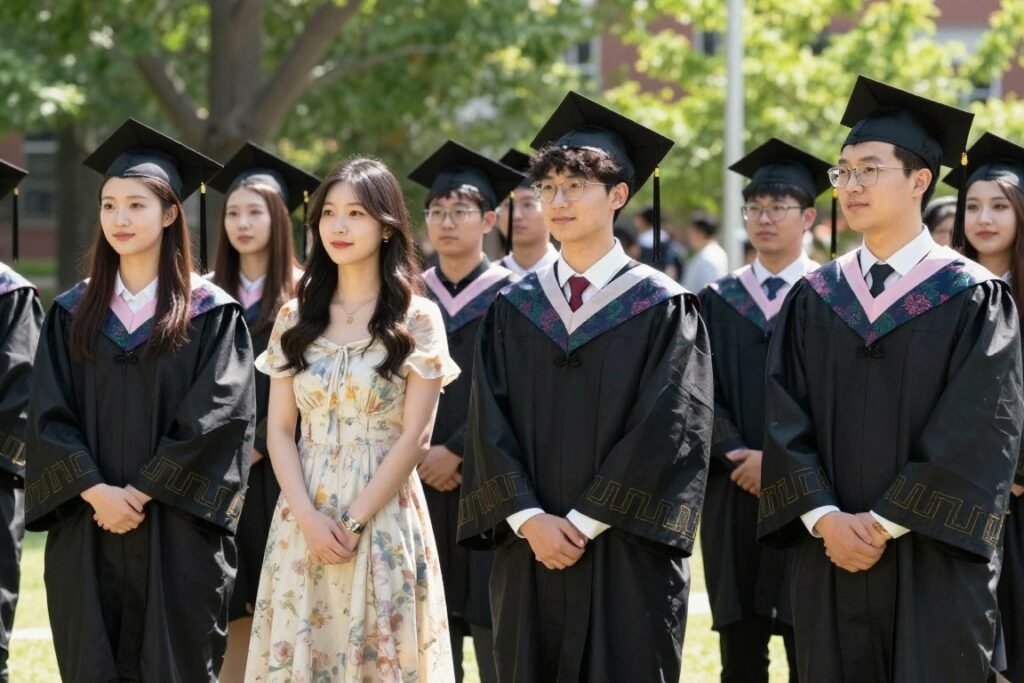 Outdoor graduation ceremony with graduates in appropriate attire