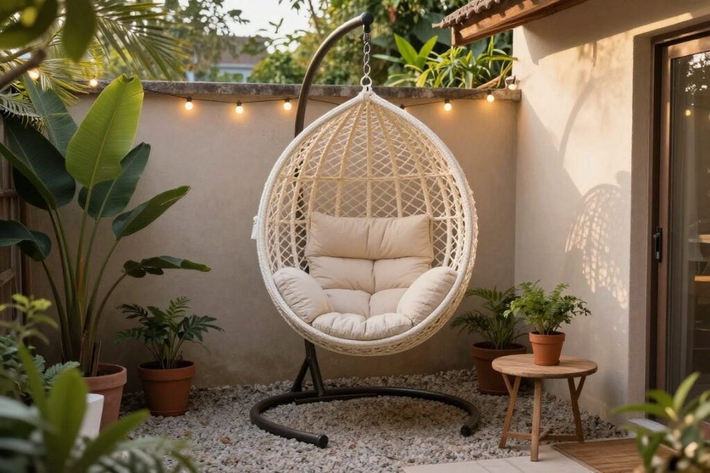 Outdoor hanging egg chair on a small budget patio with plants and string lights