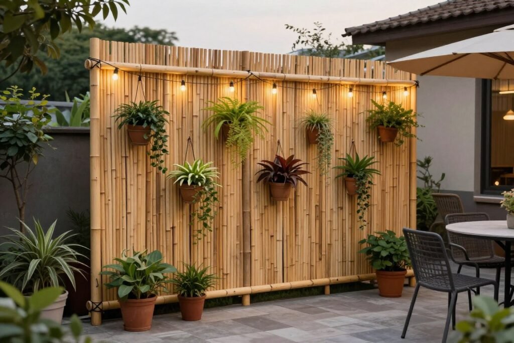 Outdoor privacy screen made from bamboo and hanging plants on a budget patio