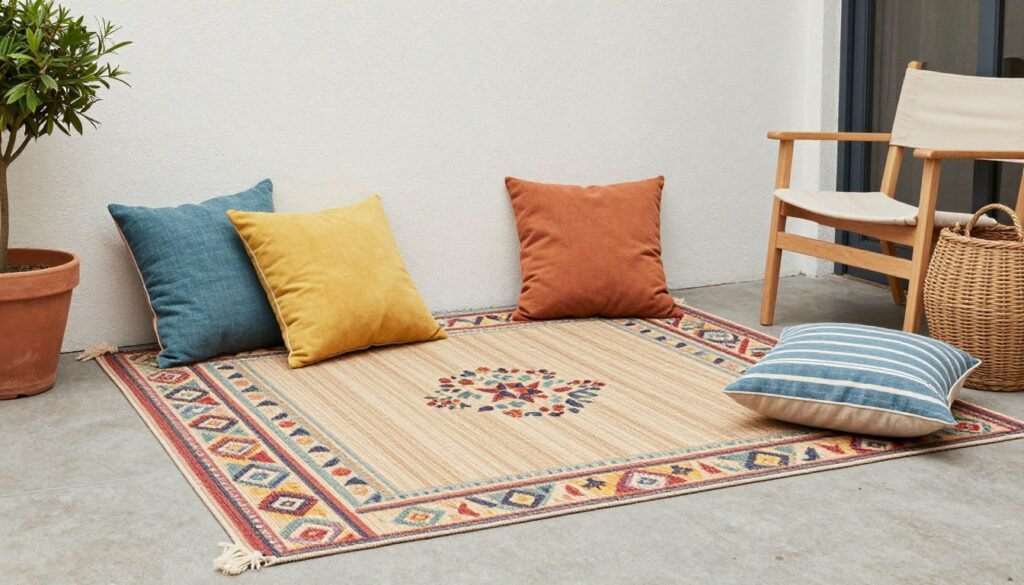 Outdoor seating area with colorful rug, throw pillows, and budget-friendly decor