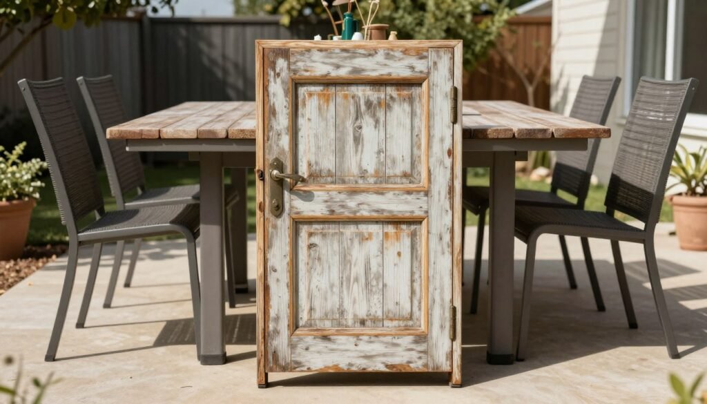 Outdoor table made from a repurposed vintage door on a simple base, easy backyard ideas on a budget