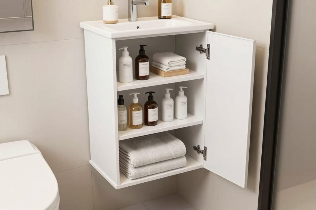 Over-the-toilet storage shelving unit in a small bathroom with organized toiletries and decorative items