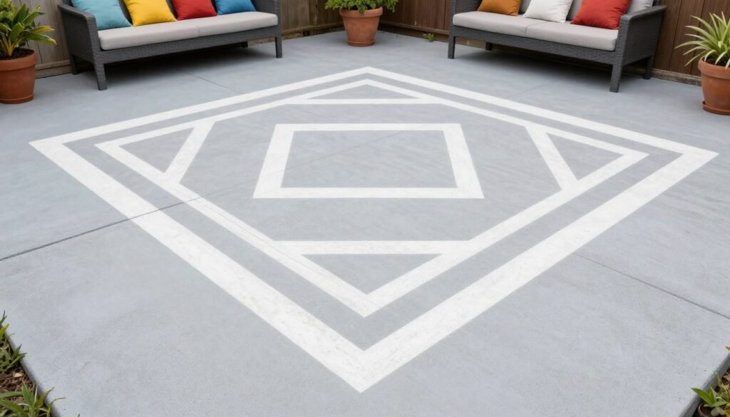 Painted concrete patio floor with stenciled pattern on a budget