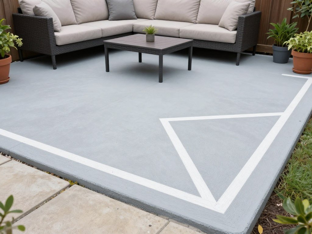 Painted concrete patio with stenciled pattern in a small backyard