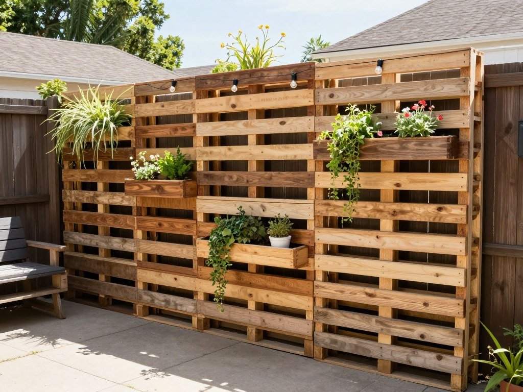 Pallet privacy wall with hanging planters and string lights, easy backyard ideas on a budget