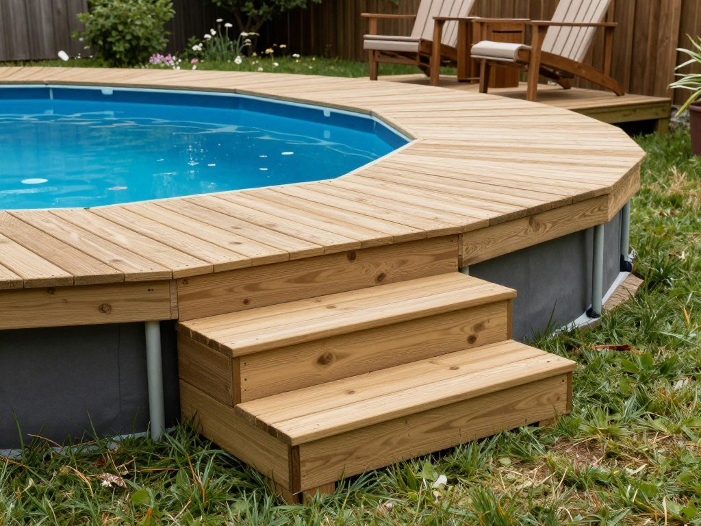 Partial wooden deck attached to one side of an above ground pool with steps and a small seating area