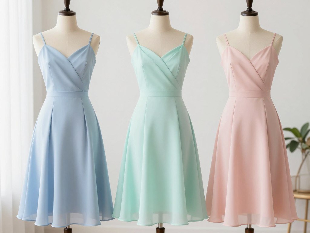 Pastel graduation dresses in soft blue, mint, and blush pink arranged together