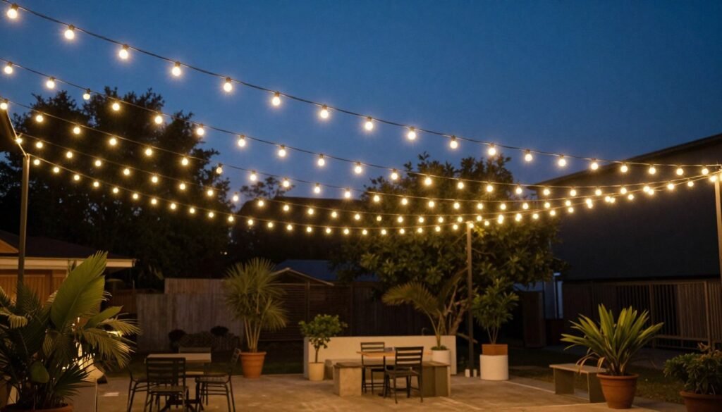 Patio at dusk with solar string lights creating a warm ambiance
