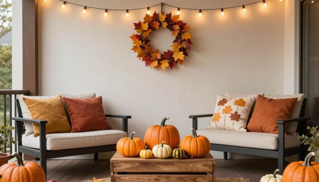 Patio decorated for fall with budget-friendly seasonal elements like pumpkins and autumn-colored textiles