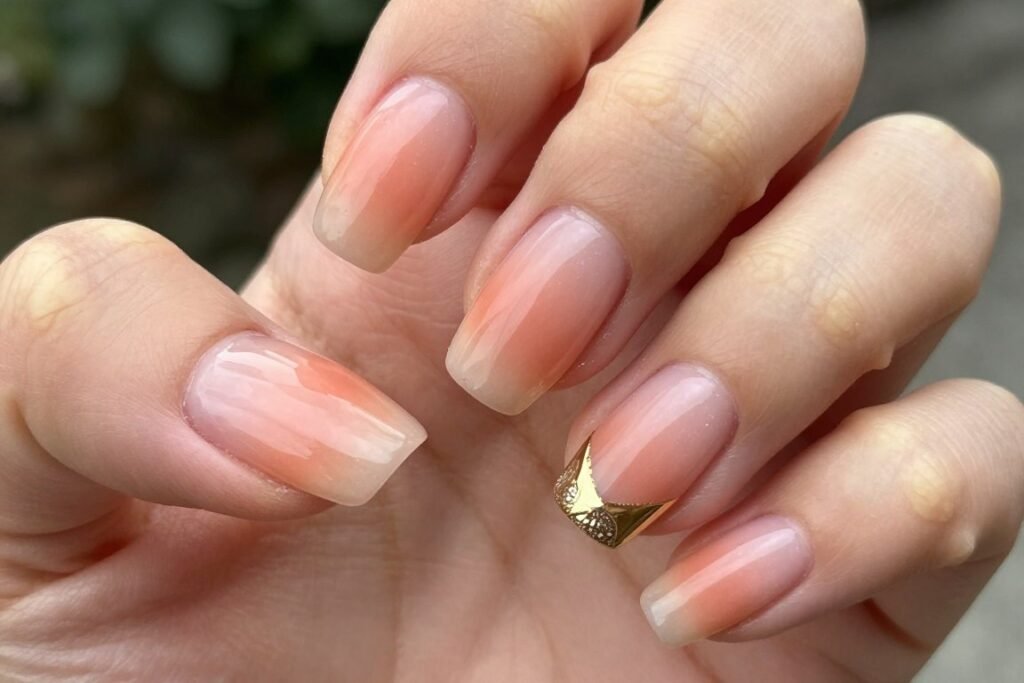 Peach manicure with gold geometric accent nail