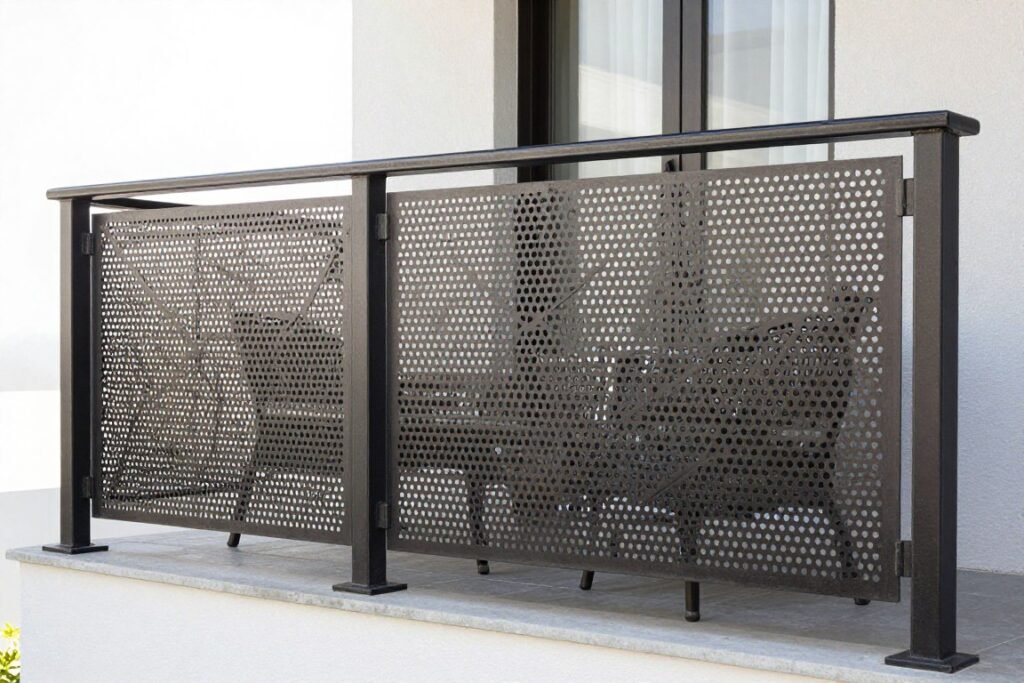 Perforated metal panel balcony railing with geometric pattern