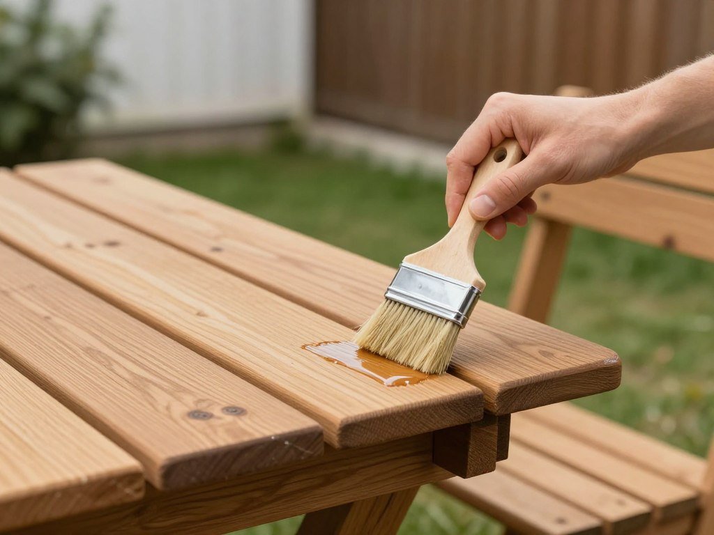 Person applying protective sealant to wooden outdoor furniture