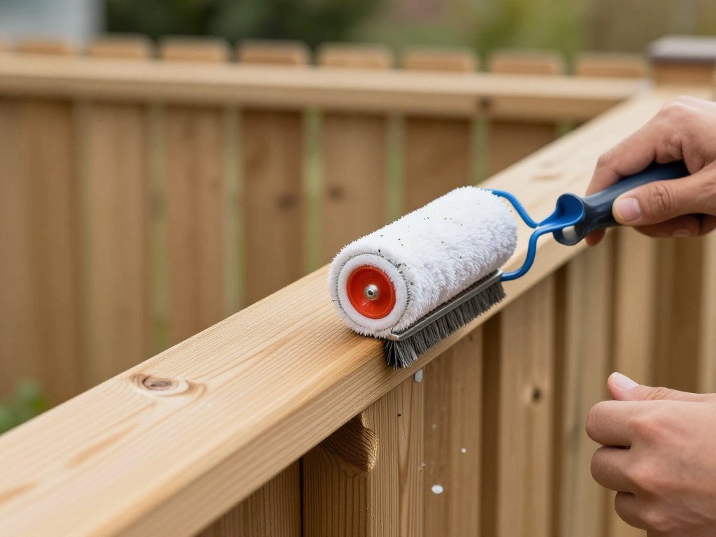 Person applying protective stain to a DIY privacy fence for maintenance