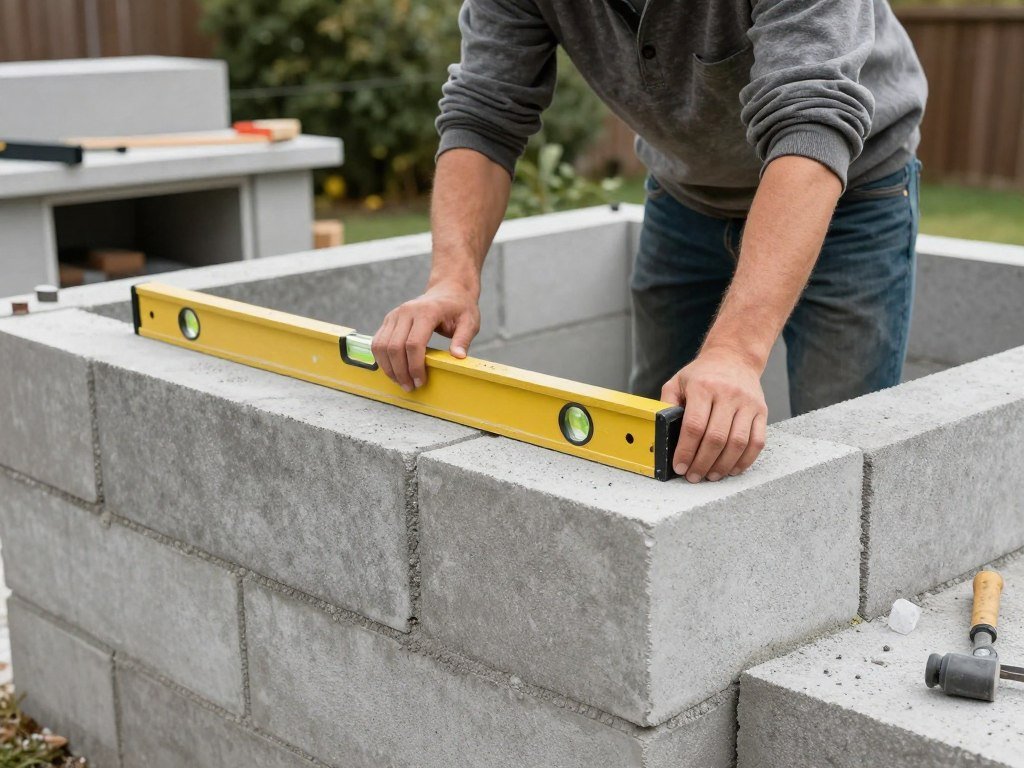 Person building outdoor kitchen structure with concrete blocks and basic tools