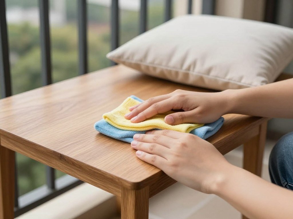 Person cleaning and maintaining small balcony furniture Person cleaning and maintaining small balcony furniture