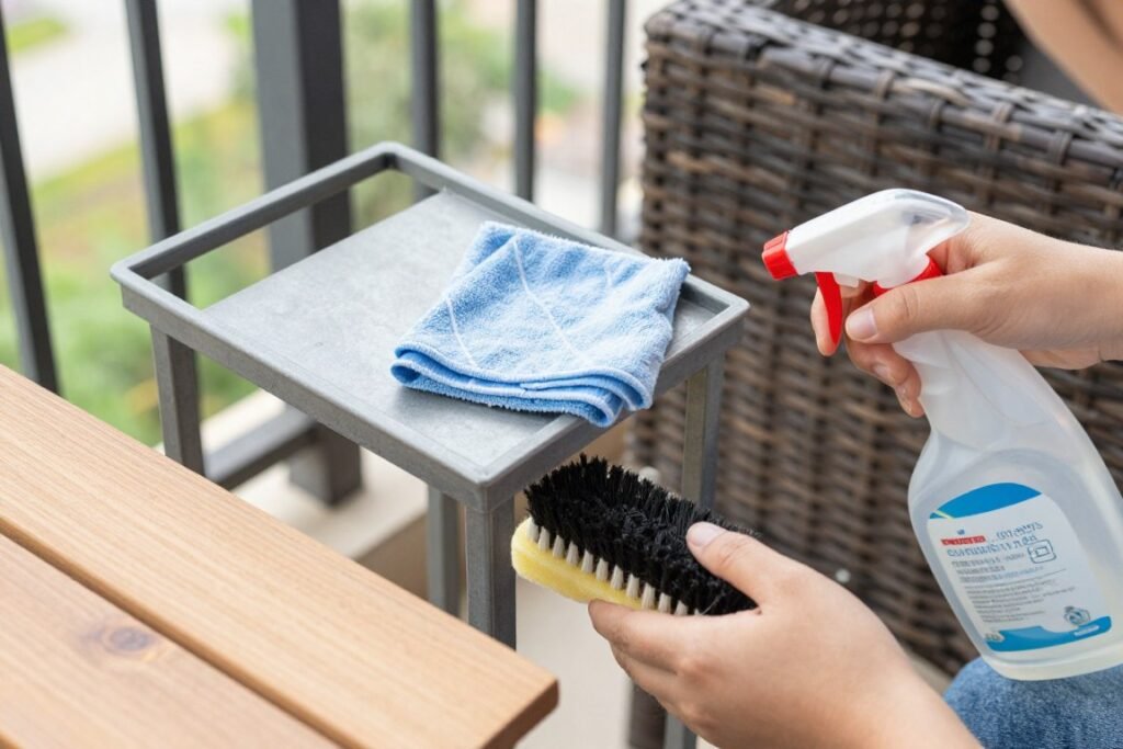 Person cleaning outdoor furniture with appropriate supplies