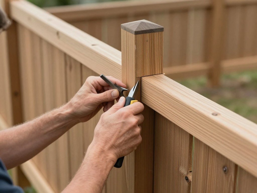 Person fixing a leaning post on a DIY privacy fence