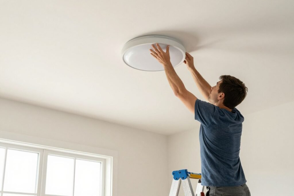 Person installing a new ceiling light fixture during budget home renovation