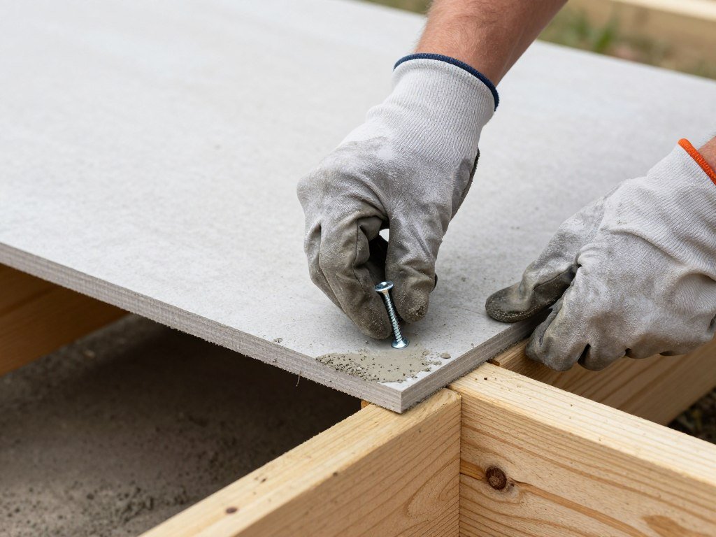 Person installing cement board on wooden frame for outdoor grill area DIY project