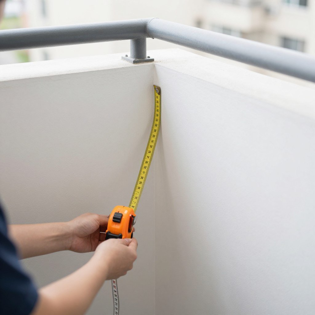 Person measuring a balcony space with measuring tape
