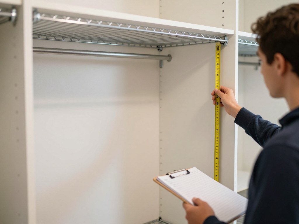 Person measuring a walk-in closet space with tape measure and taking notes for DIY closet planning Person measuring a walk-in closet space with tape measure and taking notes for DIY closet planning