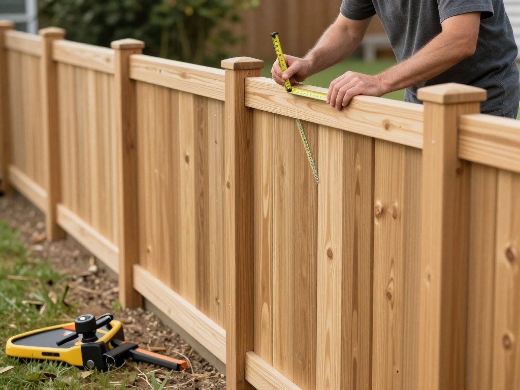 Person measuring and marking fence layout with stakes and string on a budget DIY privacy fence project