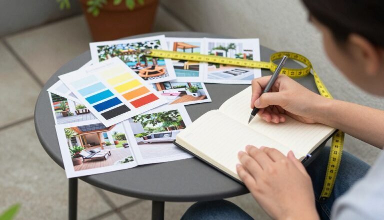 Person measuring patio space and making notes in a planning notebook for budget patio decorating