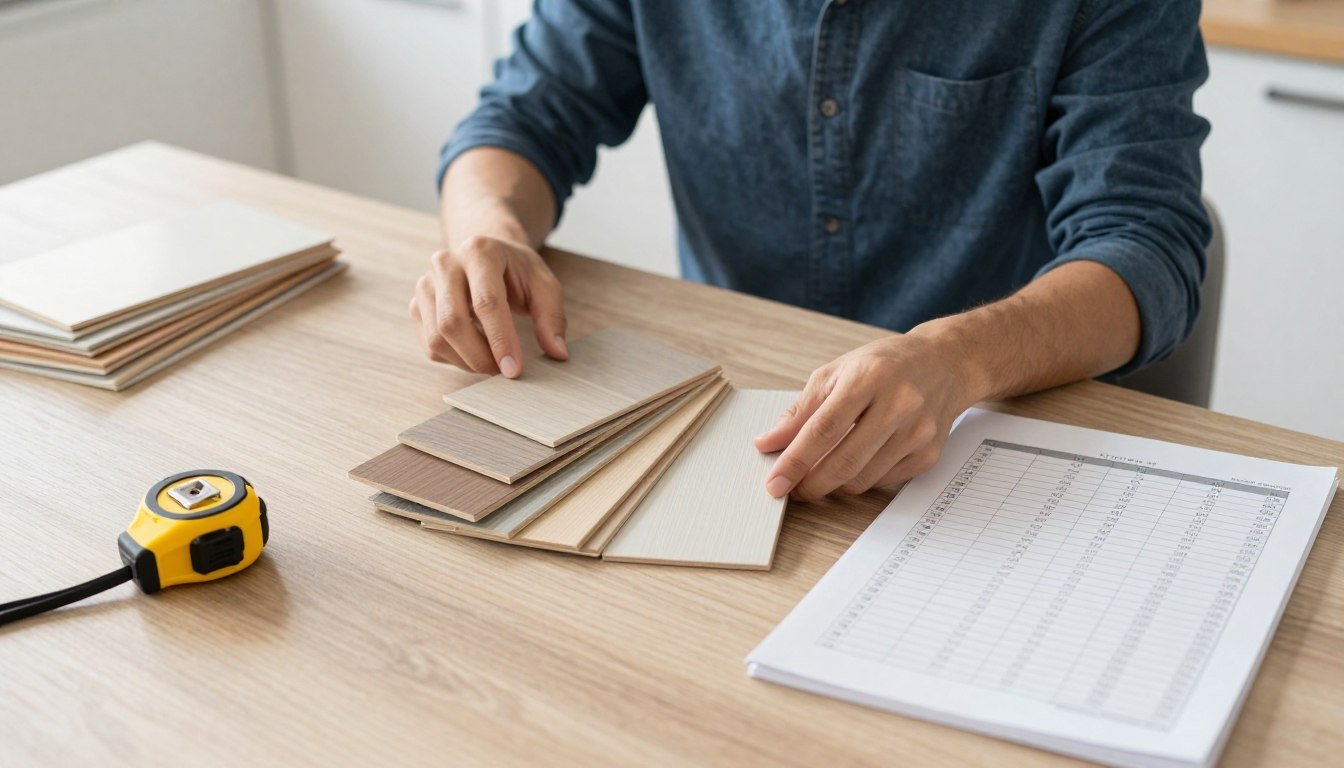 Person planning kitchen remodel with samples, measuring tape, and budget spreadsheet