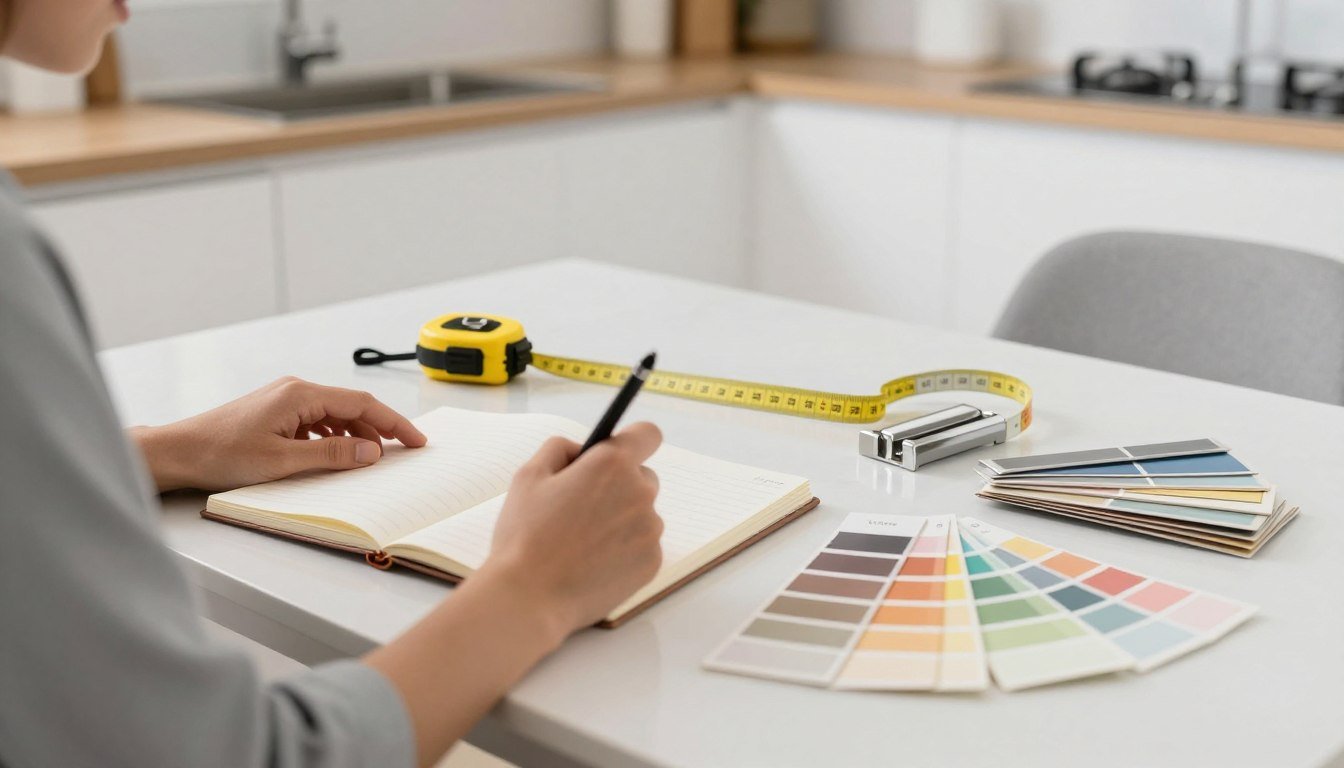 Person planning kitchen updates on a budget with notebook, measuring tape, and color swatches