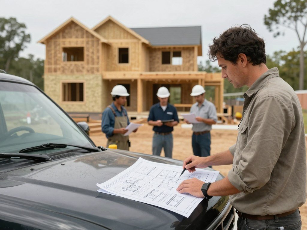 Person reviewing construction plans with subcontractors at building site